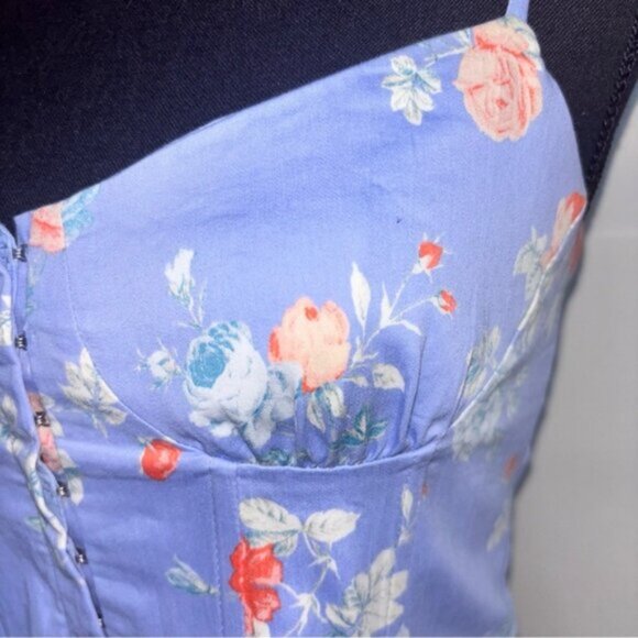 Zara Top Medium Blue Floral Ruched Back Crop Bustier Spaghetti Hook Eye Closure - Picture 7 of 13